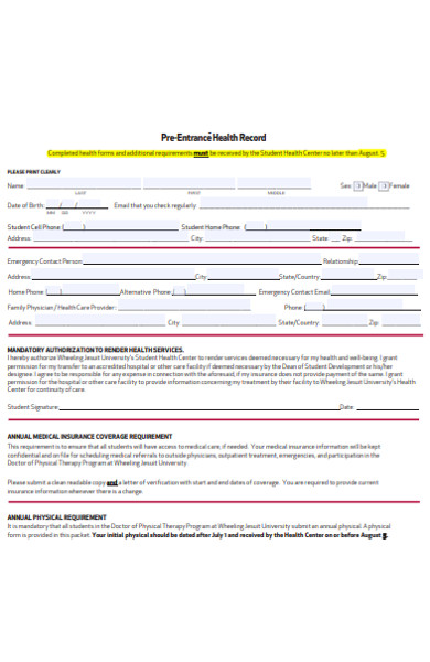 pre entrance health record form