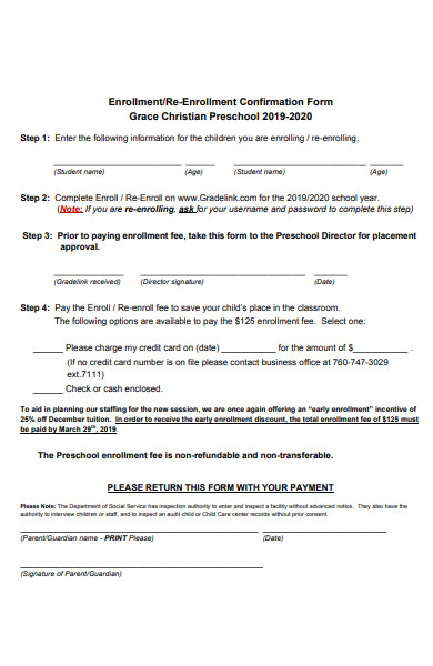 pre school enrollment confirmation form