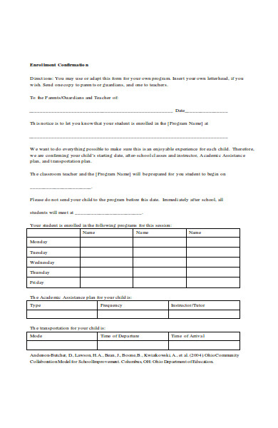 printable enrollment confirmation form