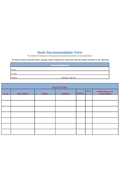 professional book recommendation form