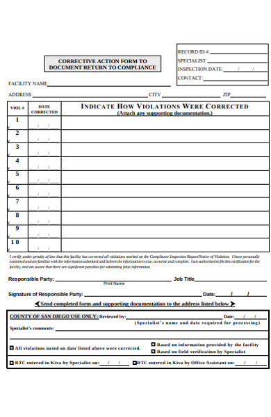 sample corrective action form