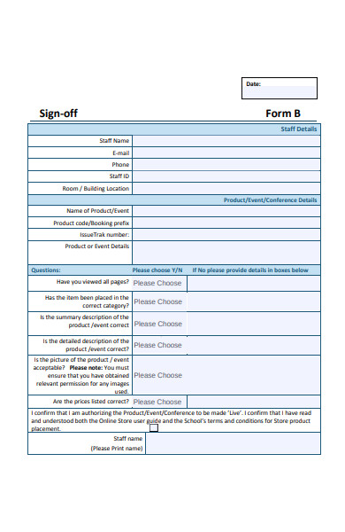 simple sign off form