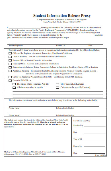 simple student information release form