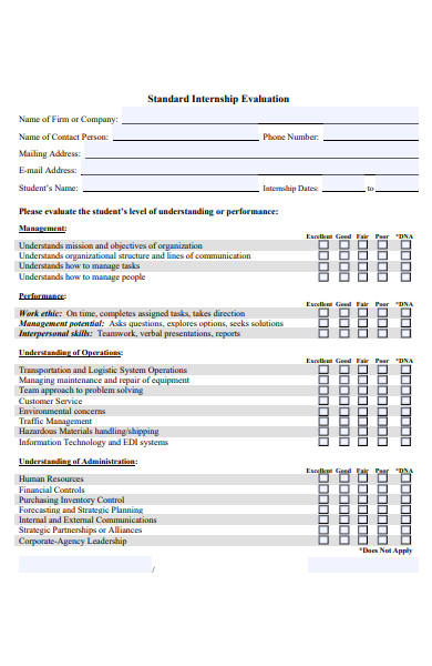 standard internship evaluation form