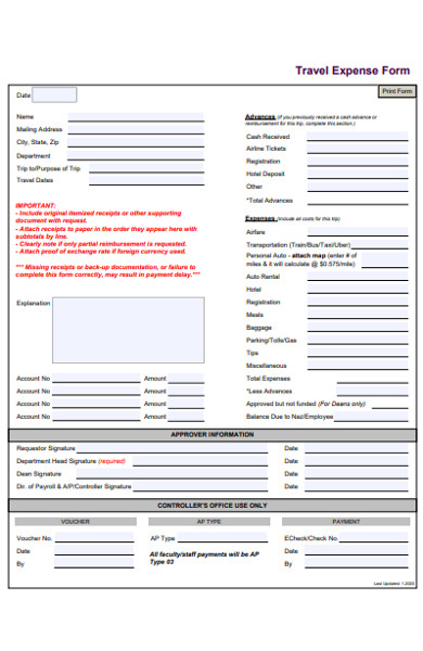 standard travel expense form