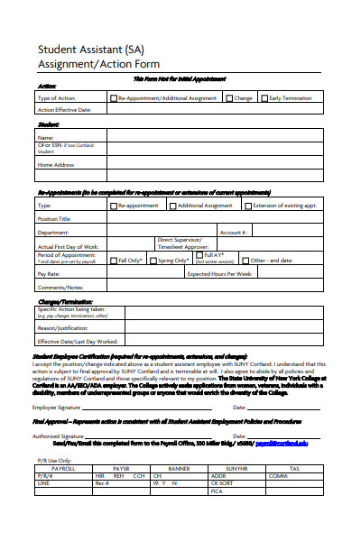 student assistant action form