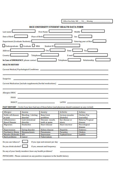 student health data form