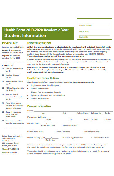 student health information form