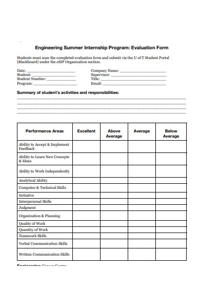 summer internship evaluation form