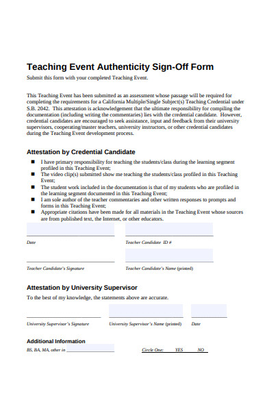 teaching event sign off form