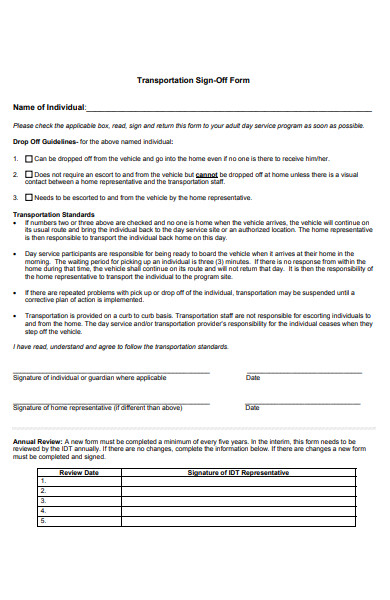 transportation sign off form