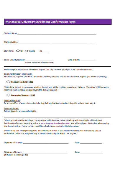 university enrollment confirmation form