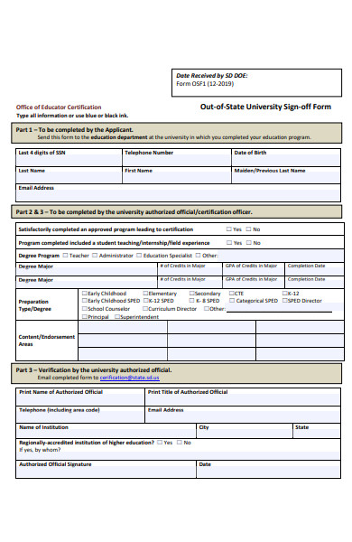 university sign off form