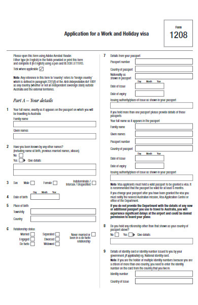 application for work and holiday visa form