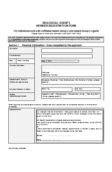 biological agents worker registration form