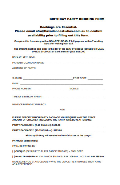 birthday party booking form