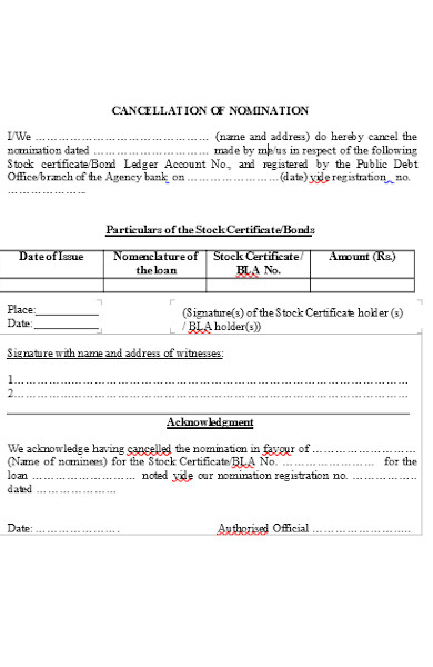 cancellation of nomination certificate form