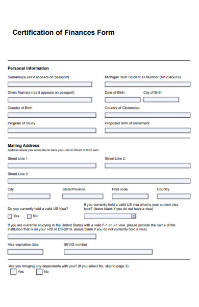 certification of finances form