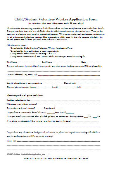 child volunteer worker application form