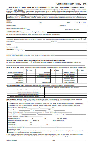 confidential history form