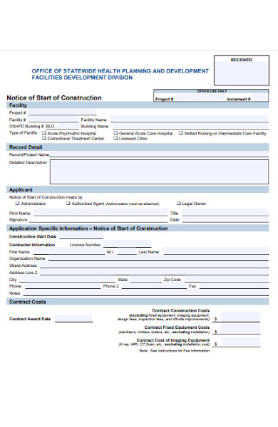 construction notice of start form template
