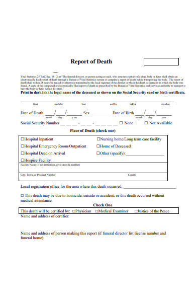 death report form
