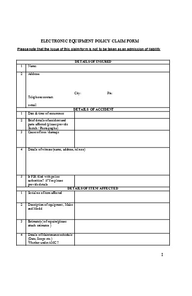 electronic equipment policy claim form