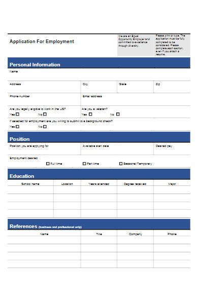 employment application work form