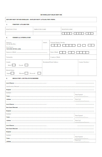 employment work application form