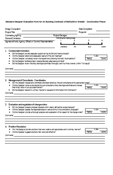 evaluation form for building contract
