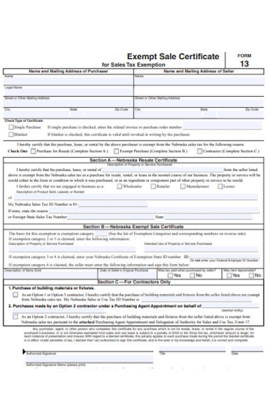 exempt sale certificate form