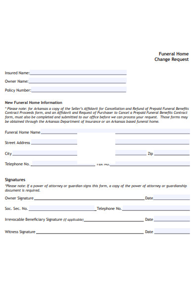 funeral home change request form