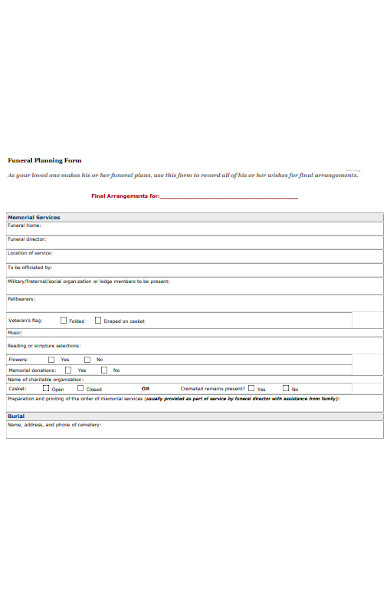 funeral planning form