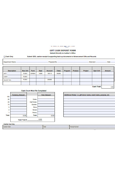 gift cash deposit form