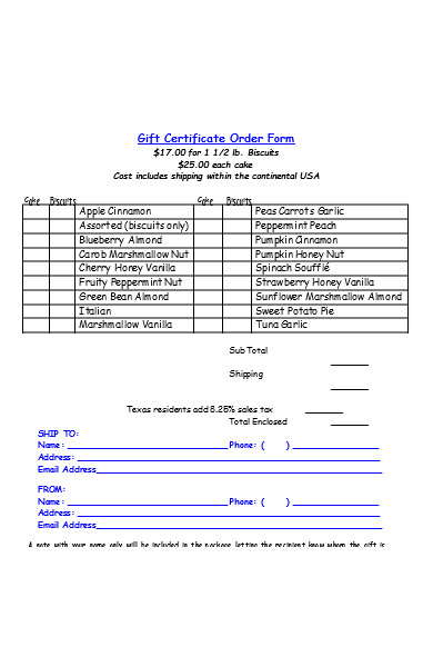 gift certificate order form