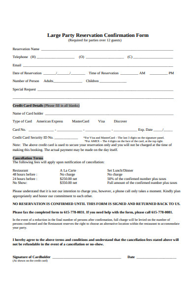 large party reservation form
