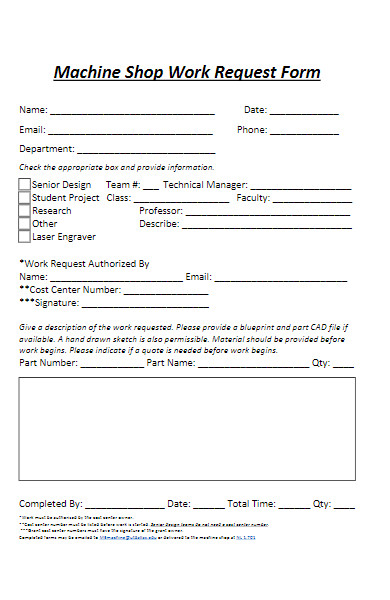 machine shop work request form