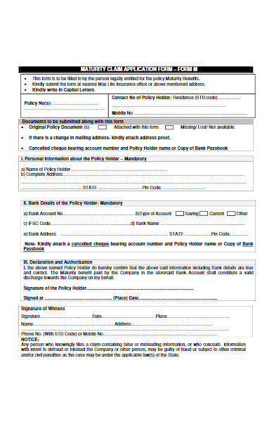 maturity claim policy application form