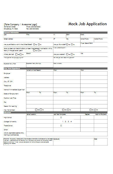mock job application form