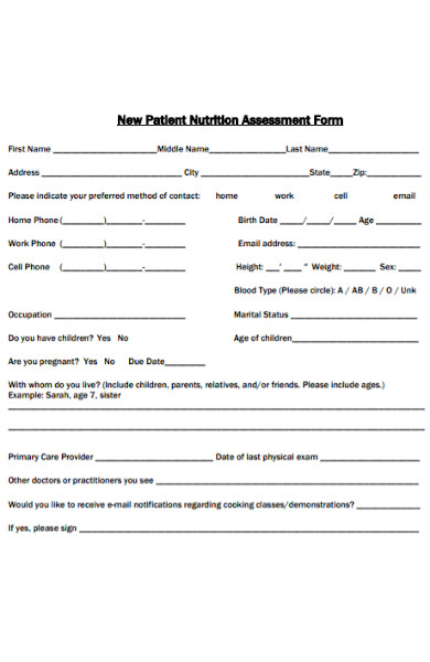 new patient nutrition assessment form
