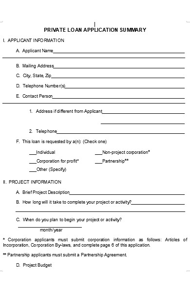 private loan application summary form