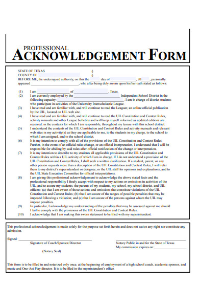 professional acknowledgement form