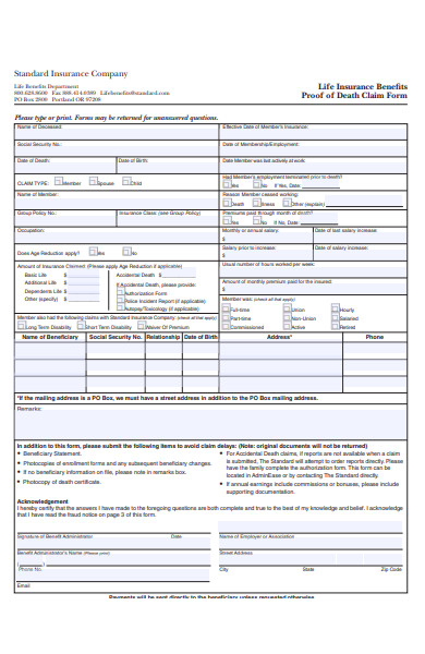 proof of death claim form