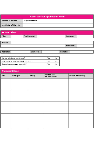 relief worker application form