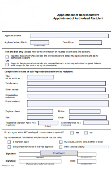 representative appointment of recipient form