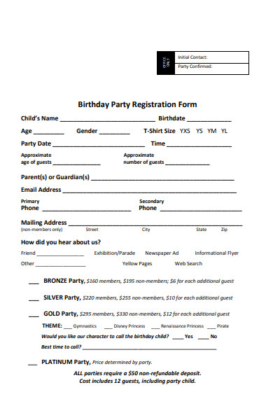 sample birthday party registration form
