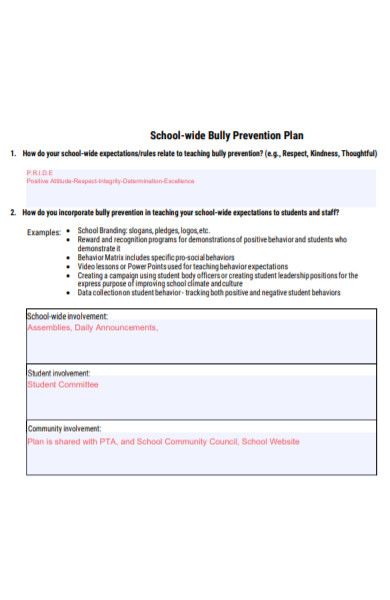 school wide bully prevention plan form