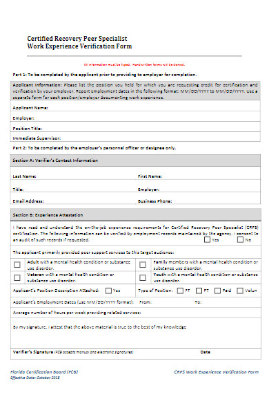 work experience verification form