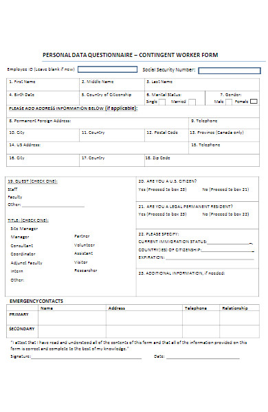 worker personal data form