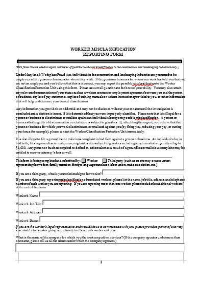 workers misclassification reporting form